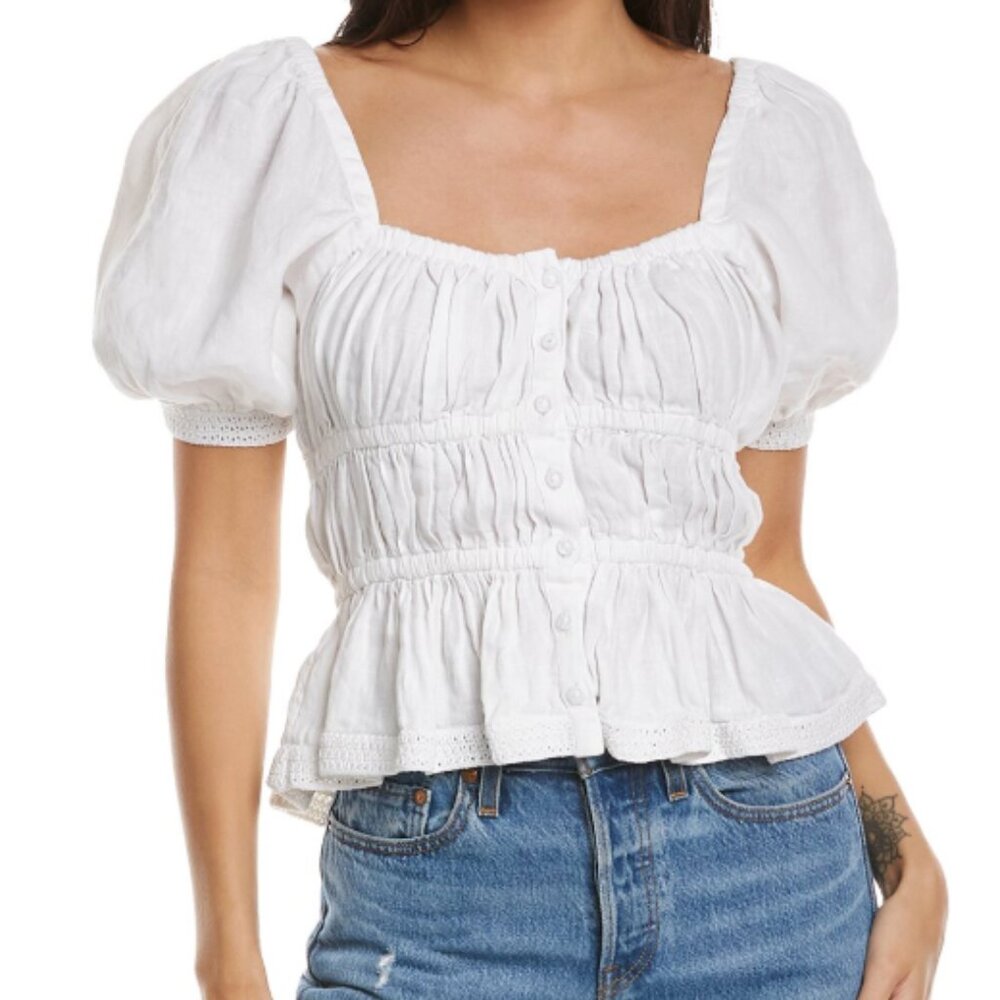 ULLA JOHNSON Harley crochet-trimmed shirred linen blouse - 2